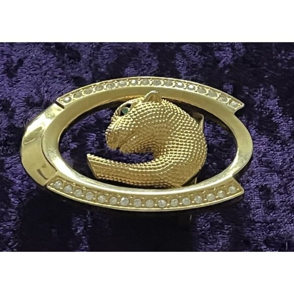 Rare Leopard Jaguar Wildcat Panther Belt Buckle Gold Tone Rhinestones Green Eye